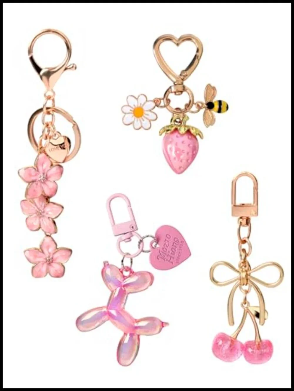 Cherry Strawberry Flower Balloon Dog Bag Charm Set Keychain Purse Accessories